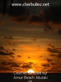 légende: Coucher de soleil sur Amuri Beach Aitutaki 06
qualityCode=raw
sizeCode=half

Données de l'image originale:
Taille originale: 158985 bytes
Temps d'exposition: 1/50 s
Diaph: f/1600/100
Heure de prise de vue: 2003:04:13 18:25:52
Flash: non
Focale: 266/10 mm
